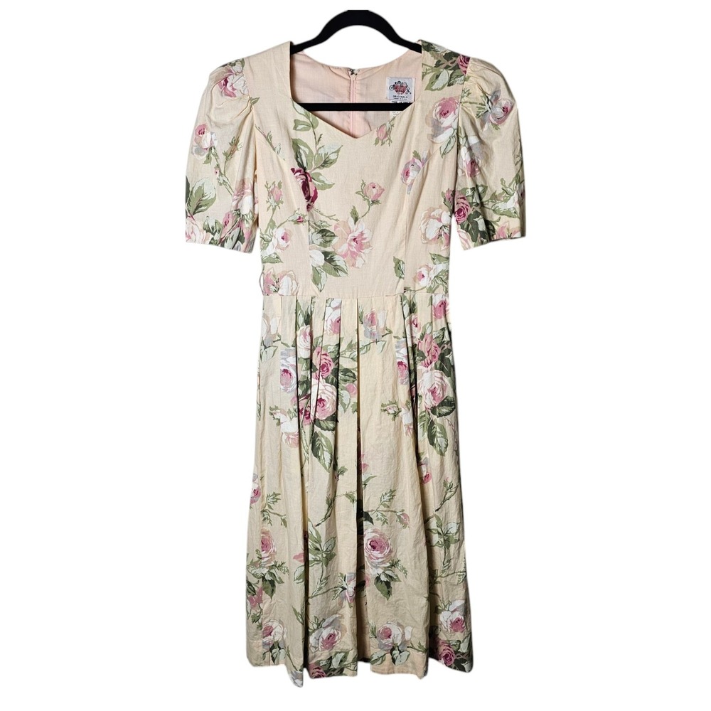 VTG Lanz Originals 6 Pink Floral Midi Dress Pleats Short‎ Sleeve 80s 90s Cottage